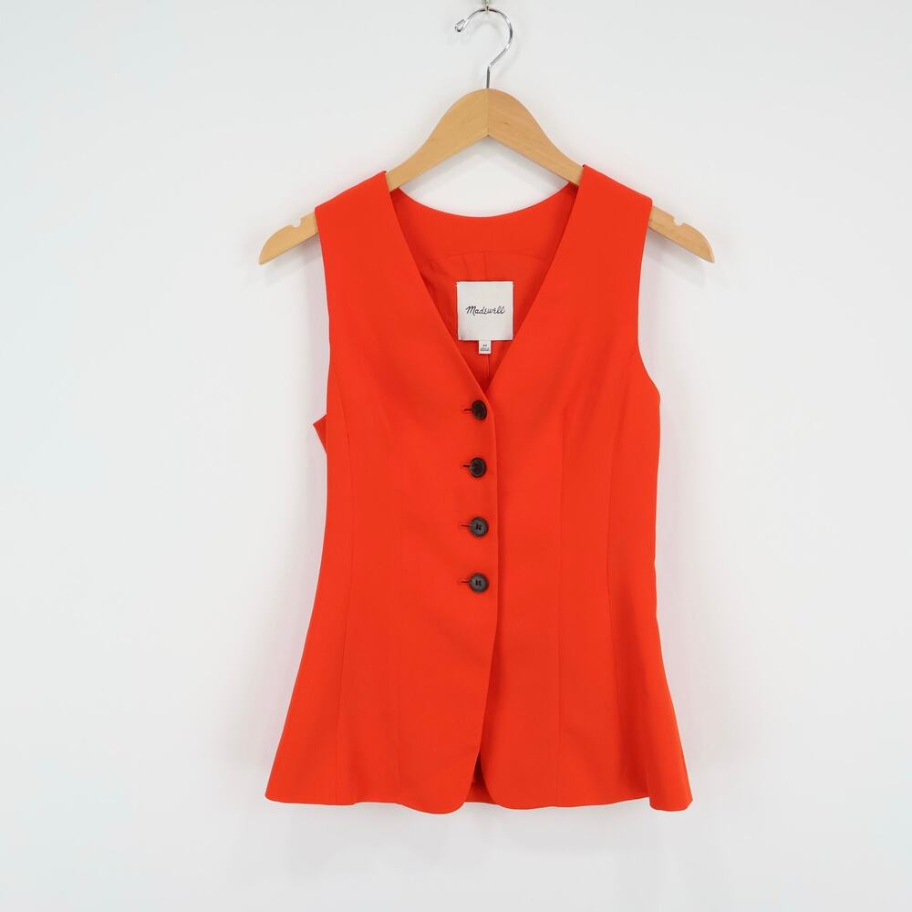 NWT Madewell Cutaway Long Button-Front Lined Vest Bright Flame Red Size 00 - Picture 3 of 9